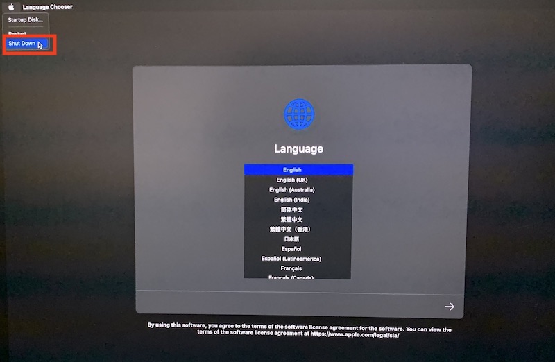 AppleシリコンMacBook言語を選択ShutDown