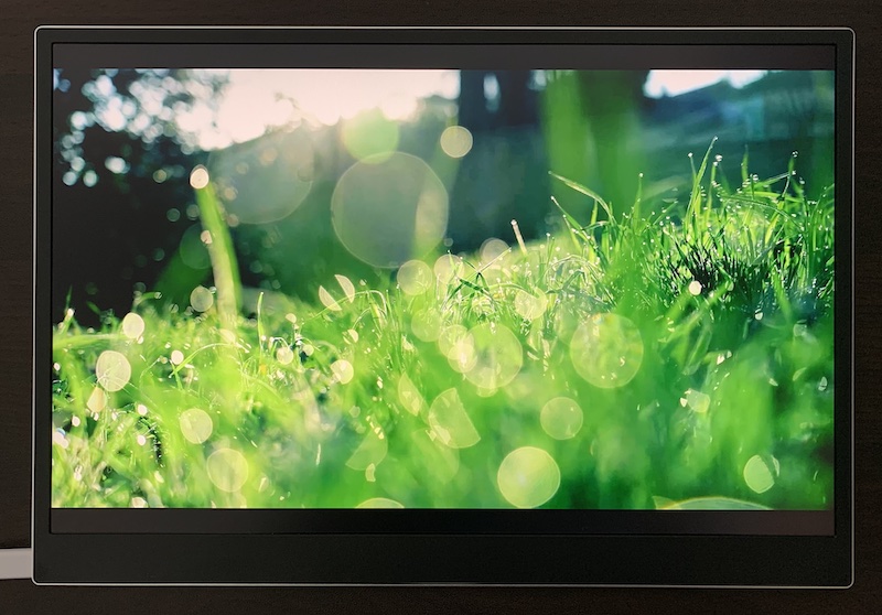 LG モバイルモニター「gram +view」用のミヤビックス 液晶保護フィルム(16MQ70)を貼った後（画面オン）