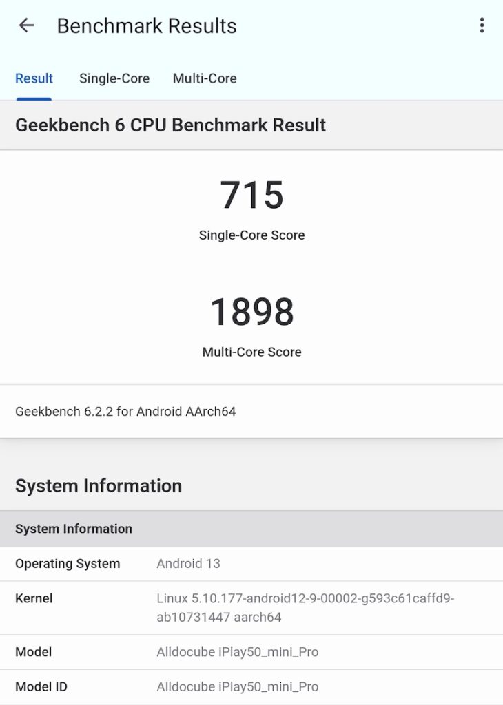 ALLDOCUBEの8.4インチタブレット「iPlay50ｍini Pro NFE」の性能計測（GeekBench 6）