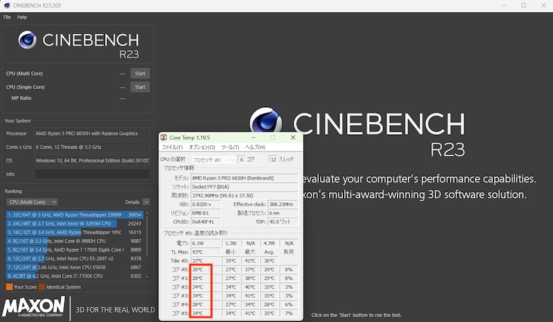 GMKtecのミニPC「M8」Ryzen 5 PRO 6650Hの性能計測（CINEBENCH R23）