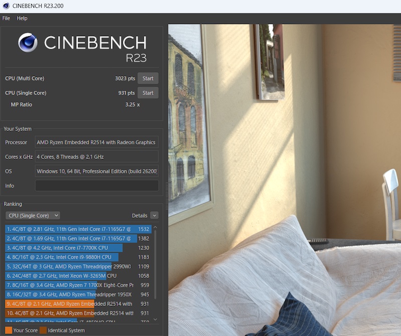 GMKtecのミニPC「G11」Ryzen Embedded R2514の性能計測ベンチマーク「CINEBENCH R23」